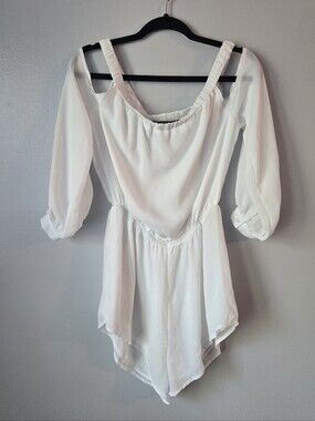 Yoins White Cold Shoulder Romper Long Sleeve Chiffon Layered Shorts Size Large